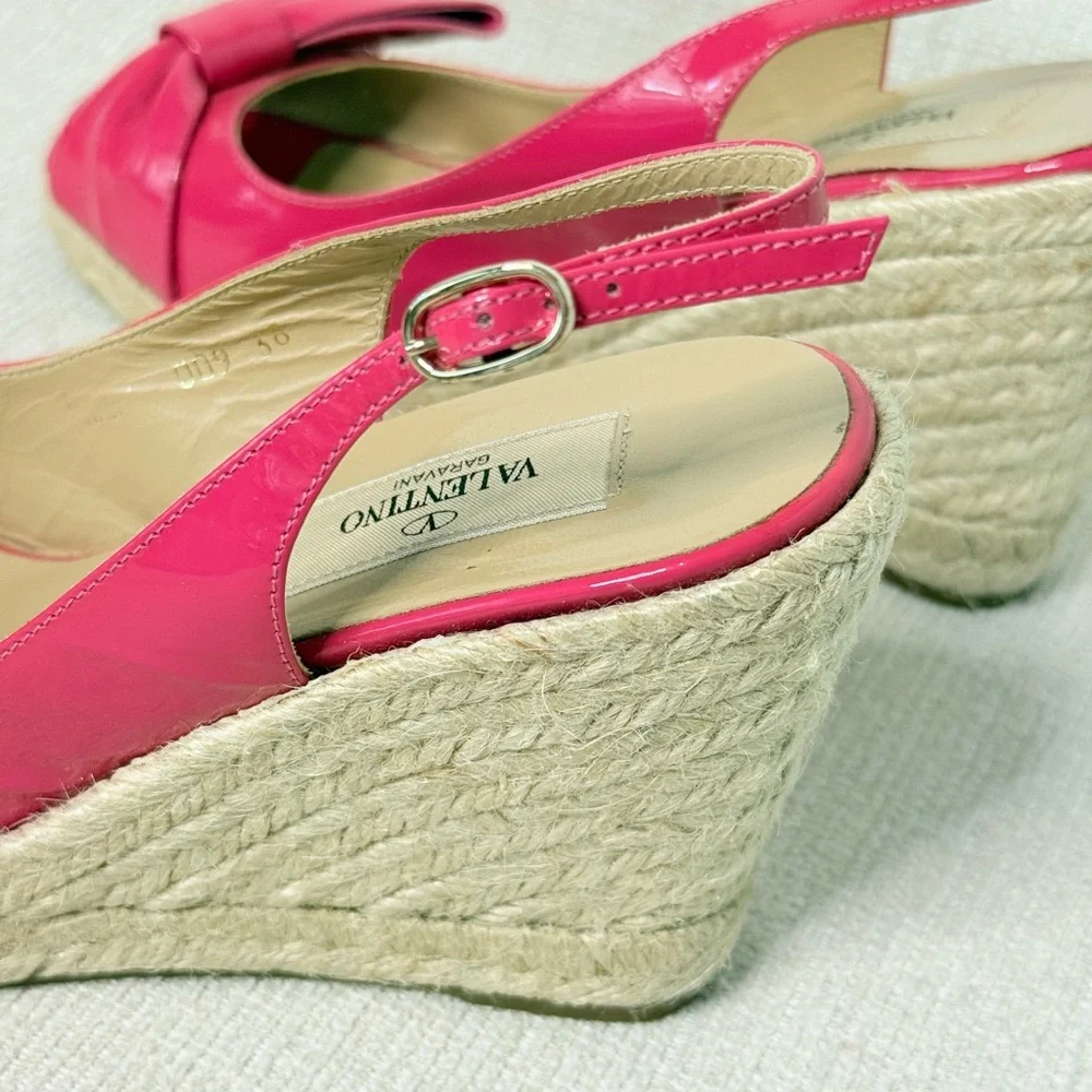 Valentino Garavani Fuchsia Patent Bow Wedge Sandals EU 38 US 8 Box